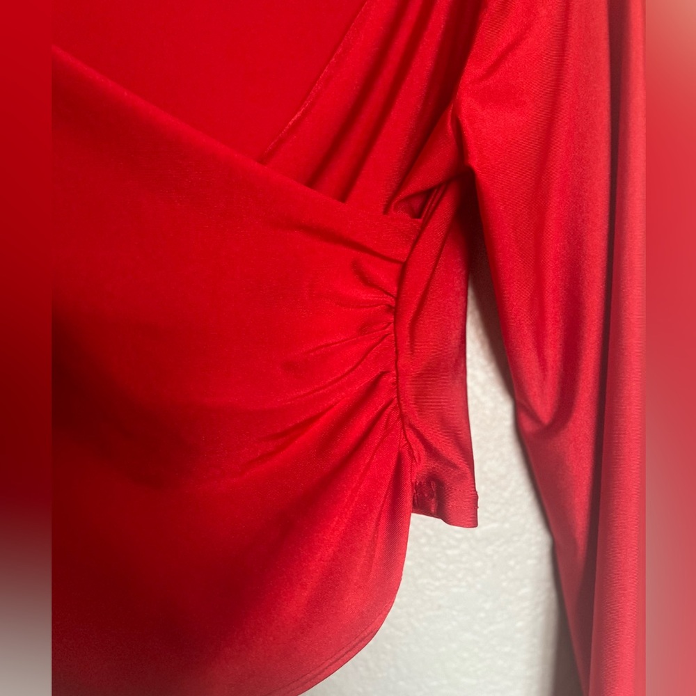Red RUCHED  Wrap Front Long Sleeve  Top Size XL - Picture 6 of 9